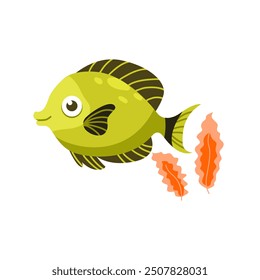 Concept Underwater fishes green fish with large upper fin. This illustration is a flat vector cartoon concept of an underwater scene featuring a green fish with a large uper fin. Vector illustration.