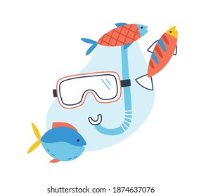 Concept of underwater tour and snorkel excursion. Composition of diving mask and tube and exotic fish. Snorkeling equipment. Flat vector cartoon illustration isolated on white background