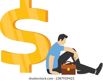 Konzept der Arbeitslosigkeit, die finanzielle Probleme verursacht, Schulden oder Bankrott, kein Einkommen zur Bezahlung von Hypotheken oder Bankkrediten Konzept, depressiver arbeitsloser Geschäftsmann, der mit großen Dollar-Scheinen sitzt

