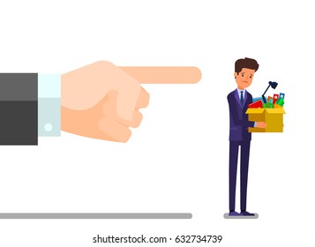 Concept of unemployment, crisis, jobless and employee job reduction. Dismissed frustrated business man holding a box with his things. Flat design, vector illustration.