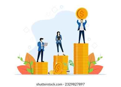 el concepto de pagos desiguales. Diferencias en ingresos, derechos financieros, injusticia empresarial, diferencias de género y desigualdad salarial. personas de pie sobre montones de monedas que representan los salarios. vector.