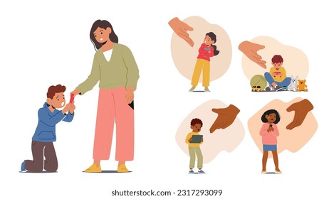 Concept of Unhealthy Dependence Of Children On Gadgets, Leading To Excessive Screen Time, Reduced Physical Activity, And Potential Negative Impacts On Development. Cartoon People Vector Illustration