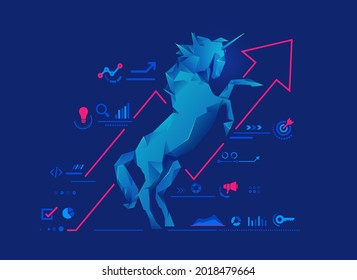concept of unicorn startup or successful business, graphic of low poly unicorn with startup business elements