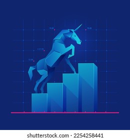 concept of unicorn startup or successful business, graphic of low poly unicorn with startup business elements