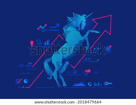 concept of unicorn startup or successful business, graphic of low poly unicorn with startup business elements