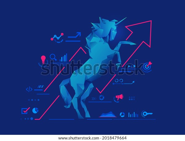 concept of unicorn\
startup or successful business, graphic of low poly unicorn with\
startup business\
elements