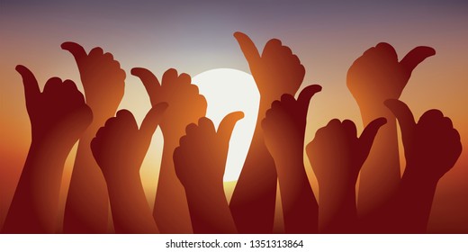 Concept of union with a group of hands, thumbs up in front of a sunset, to symbolize the membership vote.