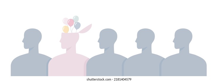 The Concept Of A Unique Personality. Stand Out From The Crowd. Vector Illustration Of Human Silhouettes. Creativity, Talent, Innovation, Uniqueness, Visionary Concept. Human Mental Health