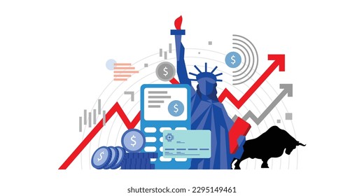 Concept of the united states of America financial investment bull run, bank deposit, profit finance management, and money stack step growing saving money. Up arrow graph for the increase in rates.
