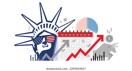Concept of the united states of America financial investment bull run, bank deposit, profit finance management, the statue of Liberty, and calendar. Up arrow graph for the increase in rates.