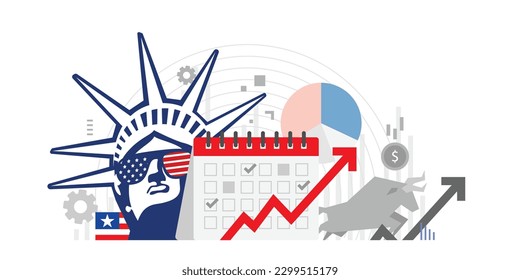 Concepto de la corrida de toros de inversión financiera de los estados unidos de América, depósitos bancarios, gestión de la financiación de beneficios, la Estatua de la Libertad y el calendario. Gráfica de flecha hacia arriba para el aumento de las tasas.