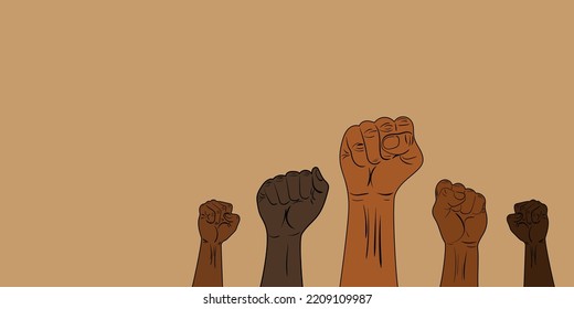 Concept of the unity of different races and genders in the world. Black lives matter. Many raised fists of different skin tones and colors. Strong people stand up for their rights fight for freedom