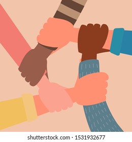 concept of unity, human hand unite, teamwork friends holding together, cultural diversity. flat vector cartoon illustration concept of unity, human hand unite, teamwork friends holding together, cultural diversity. flat vector cartoon illustration