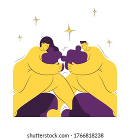 The concept of unity. People connecting puzzle elements. Illustration flat design design style. Symbol of teamwork, cooperation, partnership.
