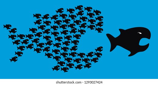 Concept of unity is strength with a group of small fish who team up to attack a huge fish