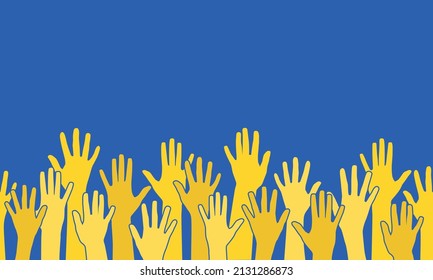 El concepto de unidad de Ucrania. La imagen está en los colores de la bandera de Ucrania. Manos amarillas con palmas abiertas en un fondo azul. Ilustración vectorial, horizontalmente sin problemas.