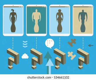 Concept of unknown virtual identity inside smartphones, with infographics elements and grunge texture.