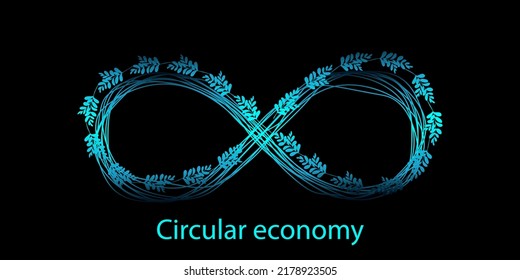 Concept Of Unlimited Technology, Circular Economy With Infinity Loop And Abstract Blue Green Leaves On Dark Background. Infinity Symbol By Wavy Lines Blue Light Isolated On Black Background.