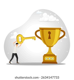 Concept of Unlocking the key to success, ambition or motivation to succeed in life. Businessman with key to success to unlock winning trophy.