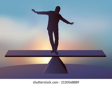 Concept of an unstable situation and the risk of falling with a businessman balancing on a scale.