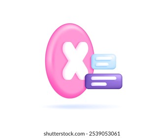 Concepto de no verificado, en desacuerdo, rechazo, incorrecto, No válido, no. Ilustración de círculo con cruz e información. Símbolo o ícono. Diseño minimalista de estilo 3D. Elemento
