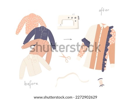 Concept of upcycling. Second use of male shirts remade into a woman dress. Set of crafting elements isolated on white background. Vector illustration