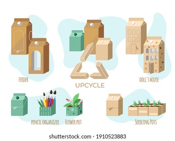 The concept of updates. The transformation of used items into other items. Secondary use of packaging in different versions. Vector isolated on a white background.