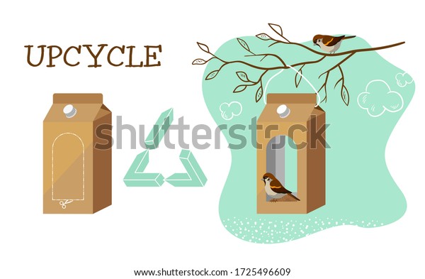 The concept of\
updates.Secondary use of a milk box as a bird feeder. Vector\
isolated on a white\
background.