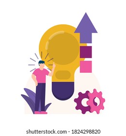 concept of updating and developing ideas, innovative and creative thinking. illustration of a man getting a brilliant idea. light bulb and gear. flat style. design elements