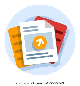 concept of Uploading office files in flat style. Uploading office document icon. File upload tasks for business and presentations, Documents from computer folders, business archives. Job files.