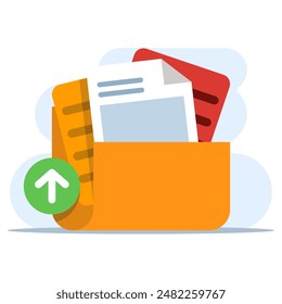 concept of Uploading office files in flat style. Uploading office document icon. File upload tasks for business and presentations, Documents from computer folders, business archives. Job files.