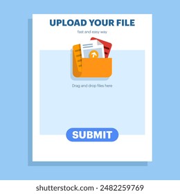 concept of Uploading office files in flat style. Uploading office document icon. File upload tasks for business and presentations, Documents from computer folders, business archives. Job files.