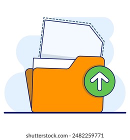 concept of Uploading office files in flat style. Uploading office document icon. File upload tasks for business and presentations, Documents from computer folders, business archives. Job files.