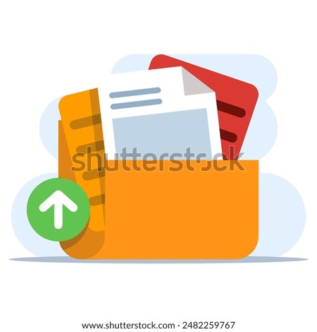 concept of Uploading office files in flat style. Uploading office document icon. File upload tasks for business and presentations, Documents from computer folders, business archives. Job files.