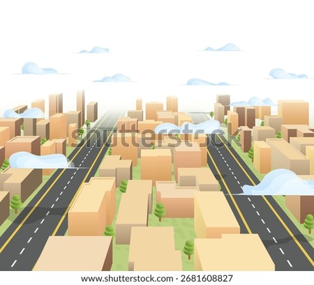 Concept urban development city. Modern architecture and highway perspective 3D cityscape with parallel roads. Vector illustration general cityscape background.