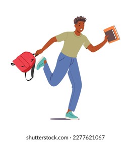 Concepto de Urgencia y Estilo de Vida Estudiantil. Carácter masculino de estudiante con mochila y libros en manos retrasadas a las clases en la universidad. Ilustración de vectores de personas de caricatura