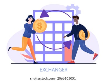 Concept of urrency exchange. Man carries coin to girl who brings him dollar. Favorable rate, investment, earnings, savings. Financial literacy, banking services. Cartoon flat vector illustration