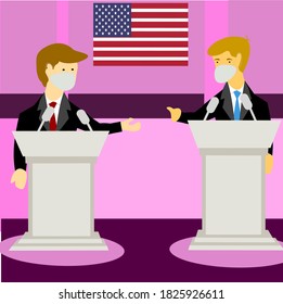 Concept of US election,  US presidential Debate with medical mask, American flag on background.