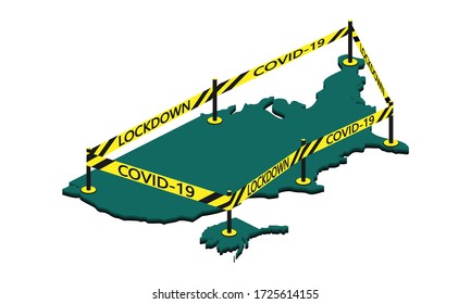 El concepto de bloqueo nacional estadounidense en relación con la crisis del coronavirus de la enfermedad de Covid-19.
Isometric ilustración en un fondo blanco.