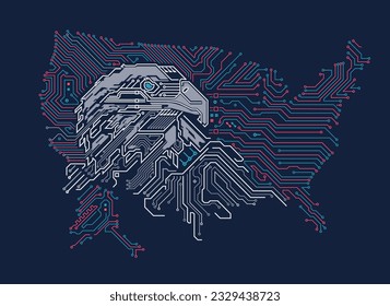 concept of USA tech war or united states technology, graphic of eagle combined with circuit board pattern with USA map