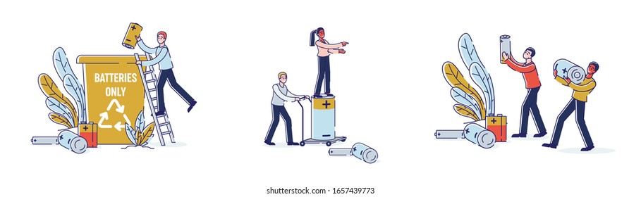 Concept Of Used Battery Recycling. People Collect And Throw Used Batteries Into Garbage Container. People Engaged in Cleaning Environment. Set Of Cartoon Linear Outline Flat Vector illustrations