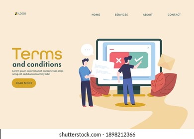 Concept of user agreement of terms and conditions, Terms of services, reading online agreement document - conceptual vector landing page illustration