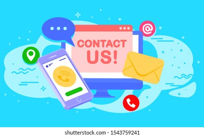 Concept user contacted us on the website. Vector illustration phone, message, computer, login, web page, social media, screen, mail, email, calendar, cards, net, spider, posters, time to login. Vector