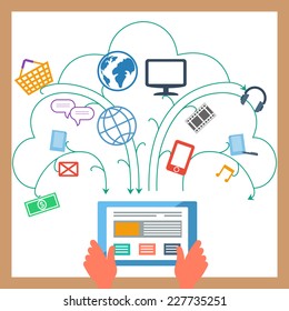 Concept for user interface elements with digital tablet and e-commerce, banking, multimedia, communication pictograms