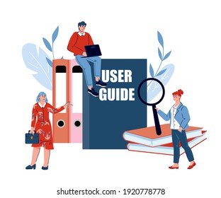 Concept of User manual guide for web page banner or social media poster with people standing next to guide books, cartoon vector isolated. Requirements specifications and documents guide.