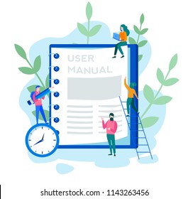 Concept User manual for web page, banner, social media. Vector illustration discussing a content of the guide book, Requirements specifications document. People are reading book instructions.
