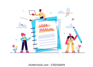 Manual del usuario conceptual para página web, banner, medios sociales. Ilustración vectorial que discute un contenido de la guía, documento de especificaciones de requisitos. La gente está leyendo las instrucciones del libro.