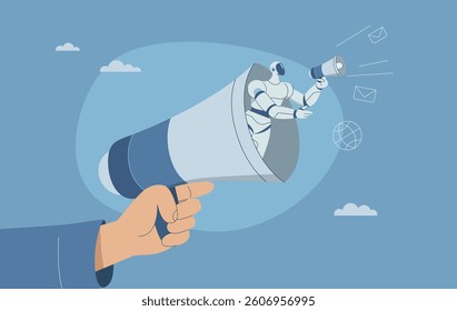 The concept of using artificial intelligence to communicate in marketing, Public relations or announcement of important news, Human hand holding a megaphone with a robot inside. Vector design.

