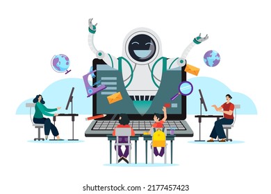 Concept of using artificial intelligence in teaching Through computers, videos are learning for the school in the future. It is a new form of online education.
flat illustration.