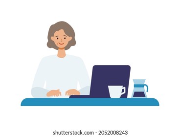 Concept for using computer. woman checking internet by PC. Vector flat illustration.																			